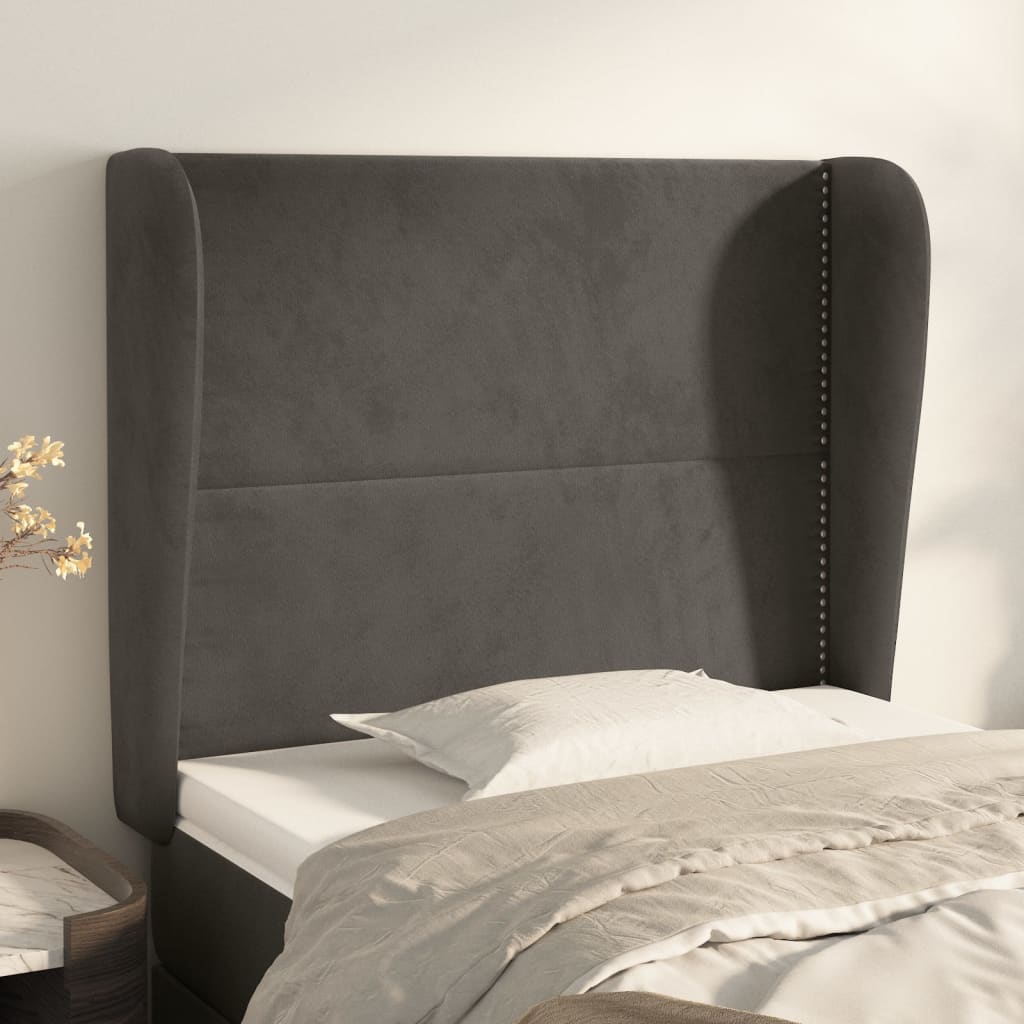 sengegavl med kanter 83x23x118/128 cm fløjl mørkegrå
