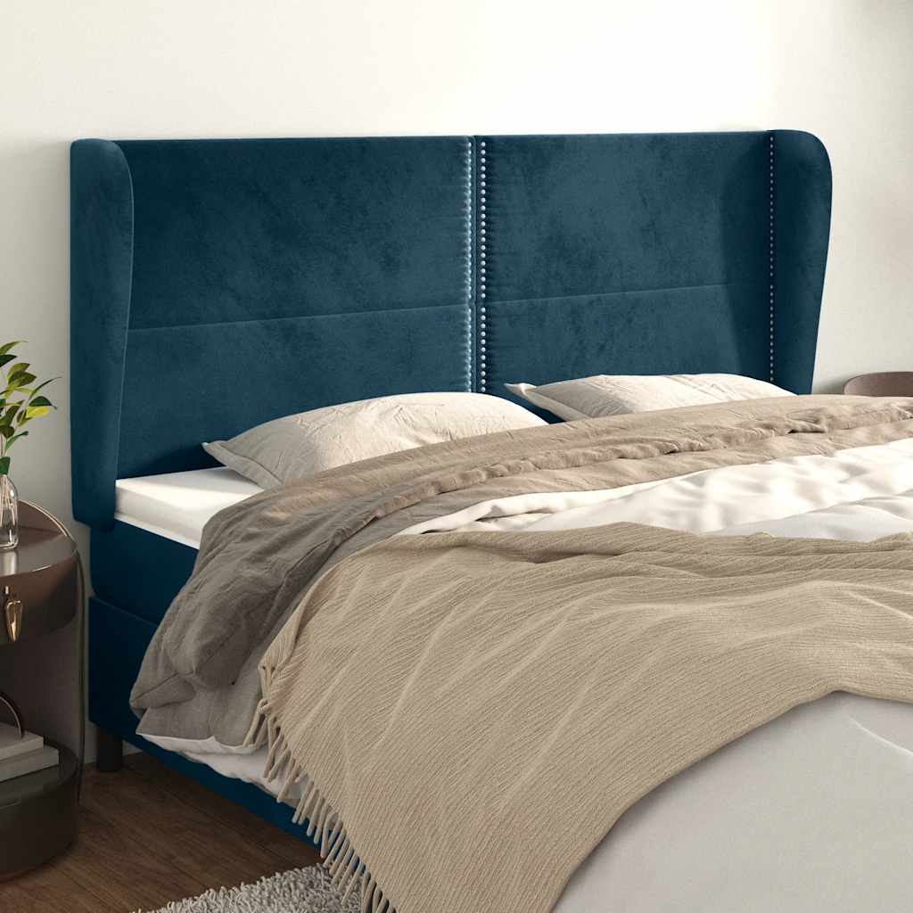 sengegavl med kanter 163x23x118/128 cm fløjl mørkeblå