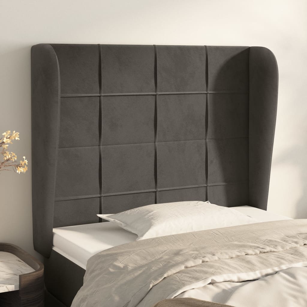 sengegavl med kanter 93x23x118/128 cm fløjl mørkegrå