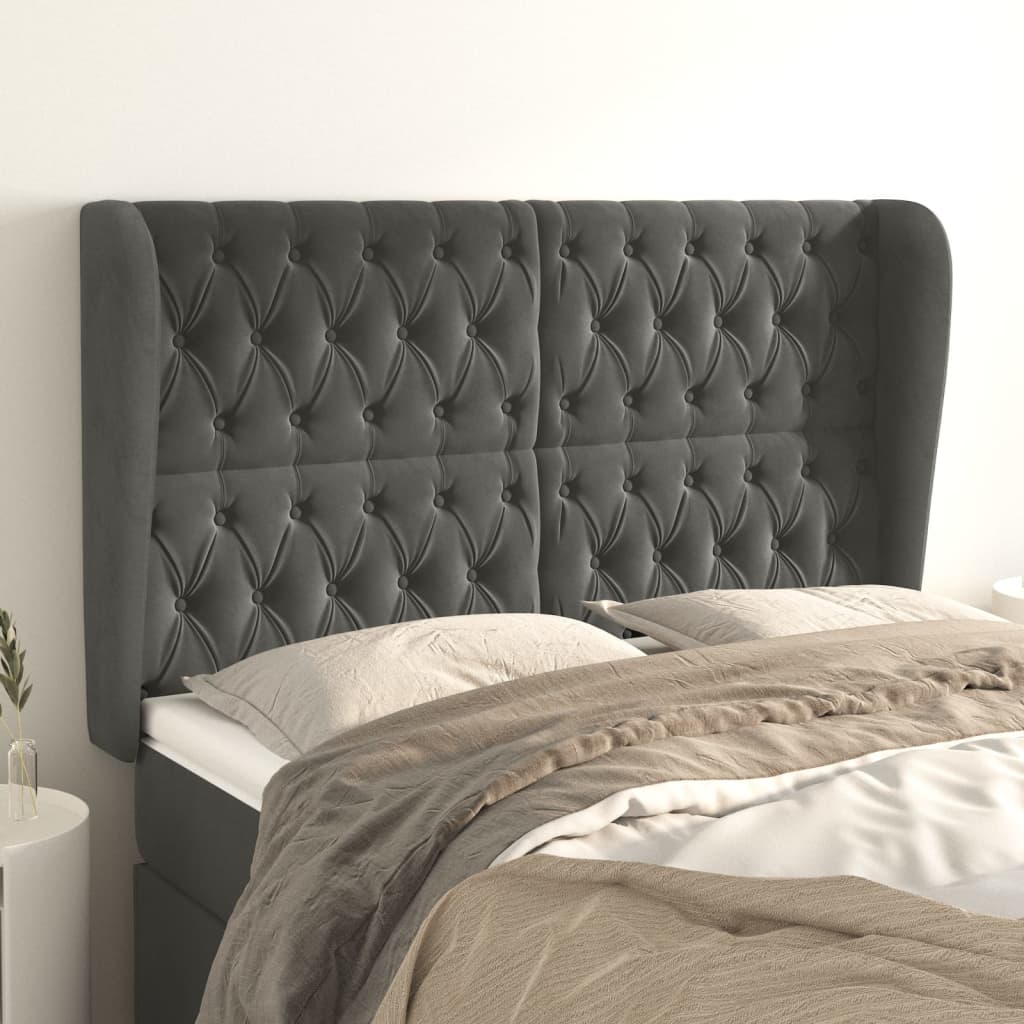sengegavl med kanter 163x23x118/128 cm fløjl mørkegrå