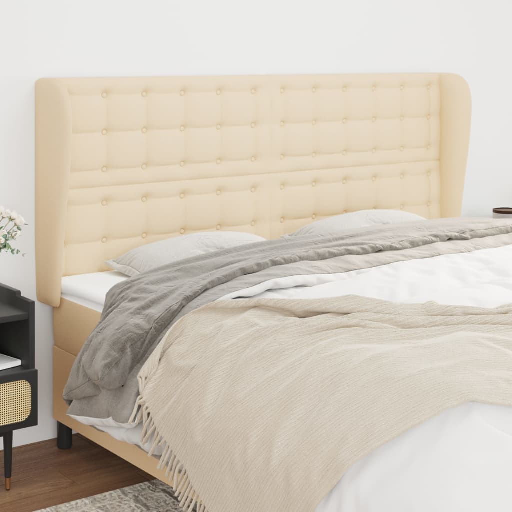 sengegavl med kanter 183x23x118/128 cm stof cremefarvet