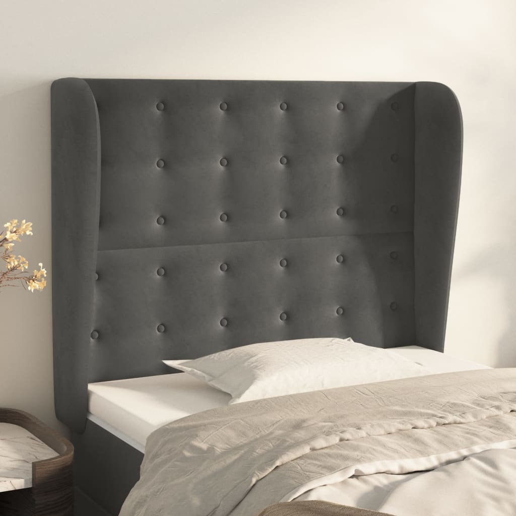 sengegavl med kanter 103x23x118/128 cm fløjl mørkegrå