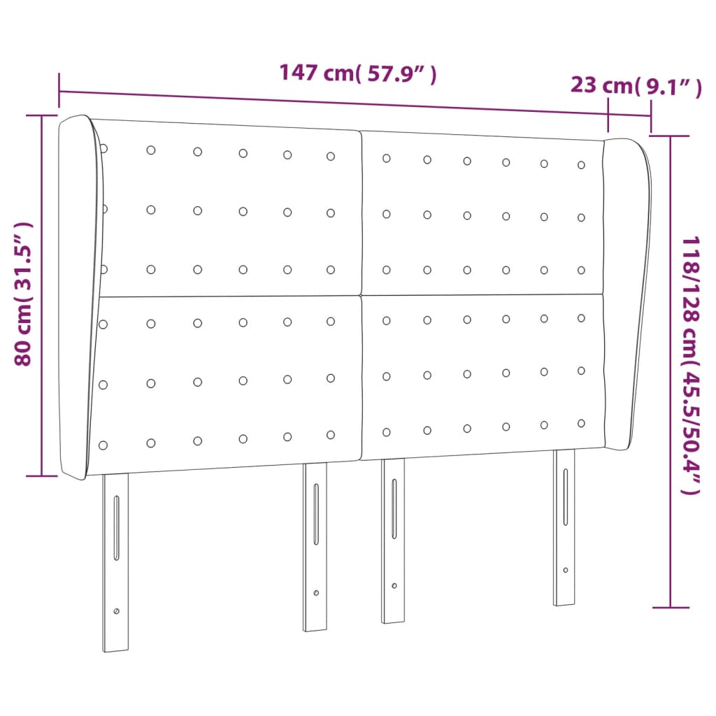 sengegavl med kanter 147x23x118/128 cm fløjl sort