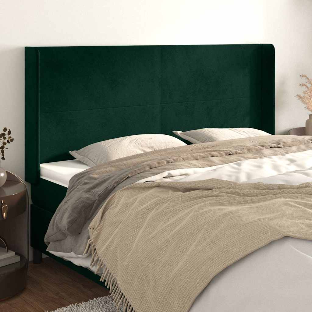 sengegavl med kanter 203x16x118/128 cm fløjl mørkegrøn