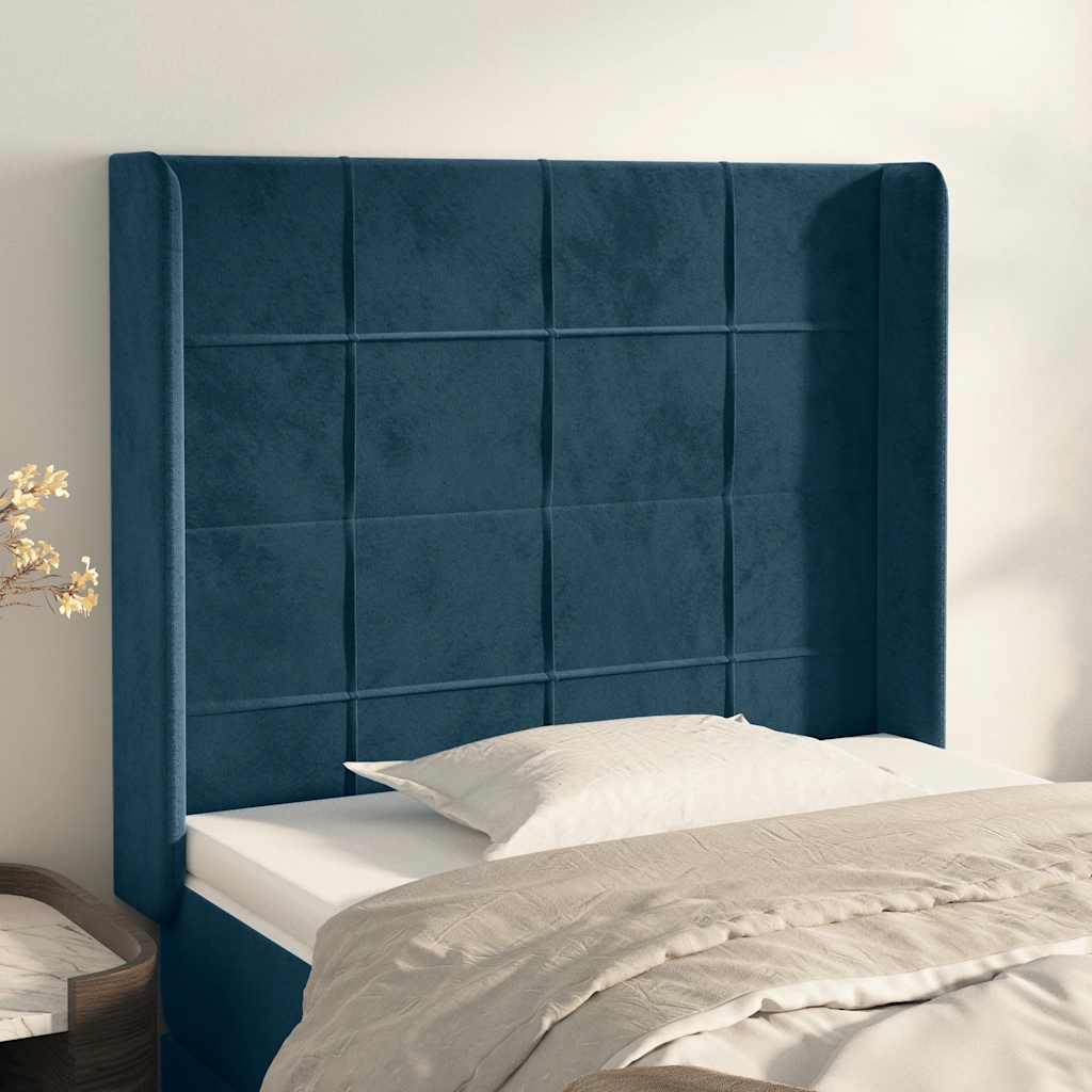 sengegavl med kanter 103x16x118/128 cm fløjl mørkeblå