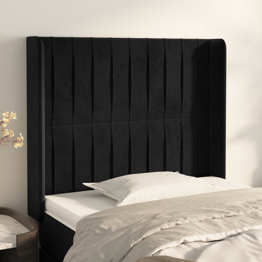 sengegavl med kanter 103x16x118/128 cm fløjl sort