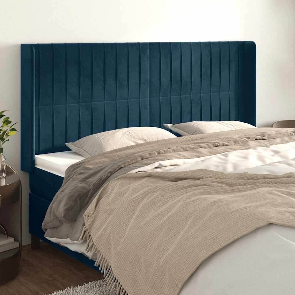 sengegavl med kanter 203x16x118/128 cm fløjl mørkeblå