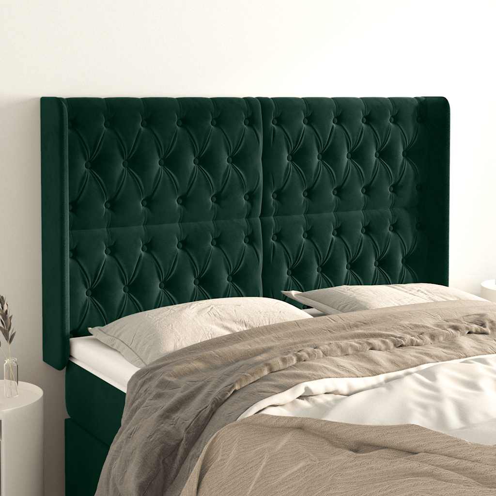 sengegavl med kanter 163x16x118/128 cm fløjl mørkegrøn