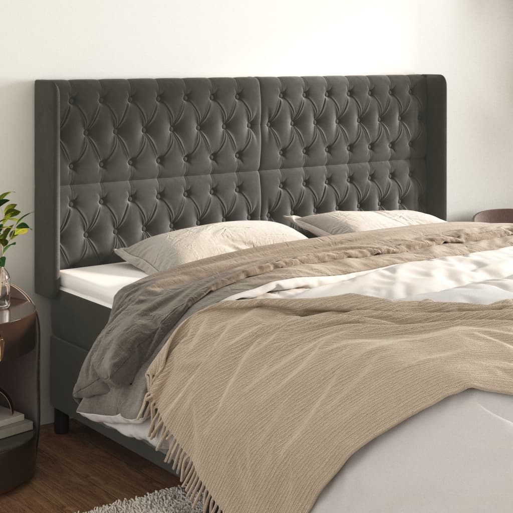 sengegavl med kanter 203x16x118/128 cm fløjl mørkegrå