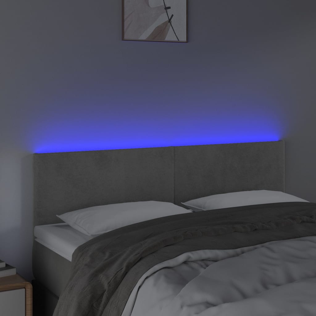 sengegavl med LED-lys 144x5x78/88 cm fløjl lysegrå