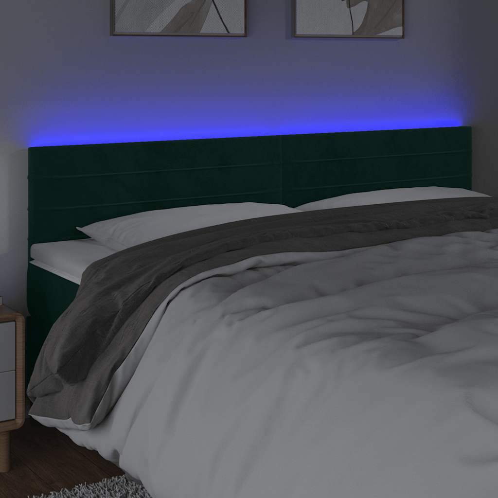 sengegavl med LED-lys 200x5x78/88 cm fløjl mørkegrøn