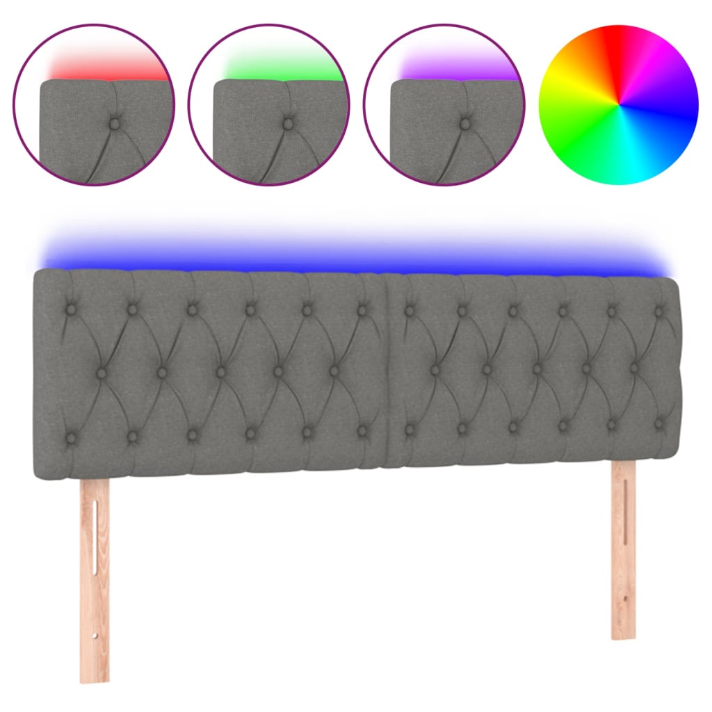 sengegavl med LED-lys 144x7x78/88 cm stof mørkegrå