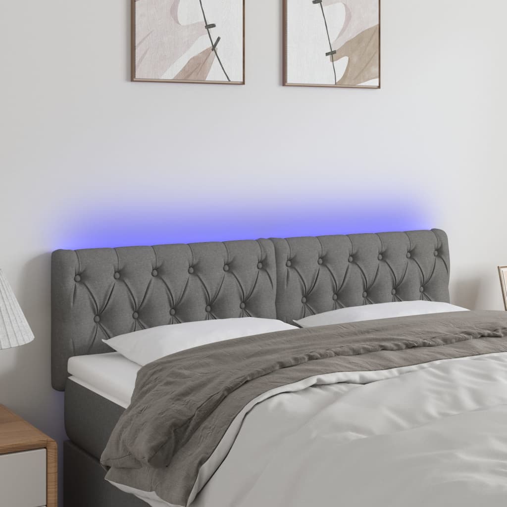 sengegavl med LED-lys 144x7x78/88 cm stof mørkegrå