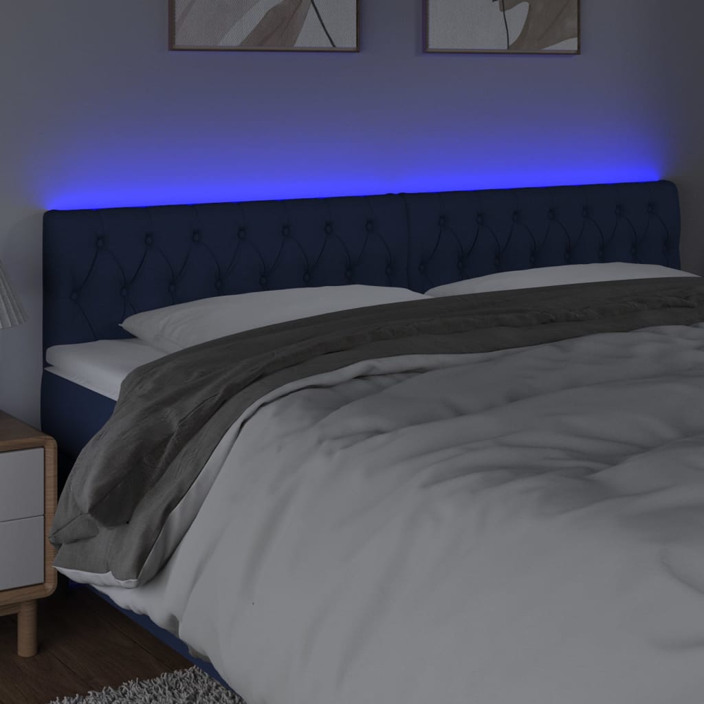 sengegavl med LED-lys 200x7x78/88 cm stof blå