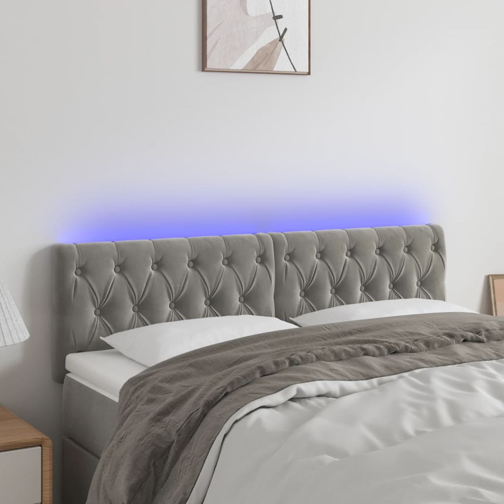 sengegavl med LED-lys 160x7x78/88 cm velour lysegrå