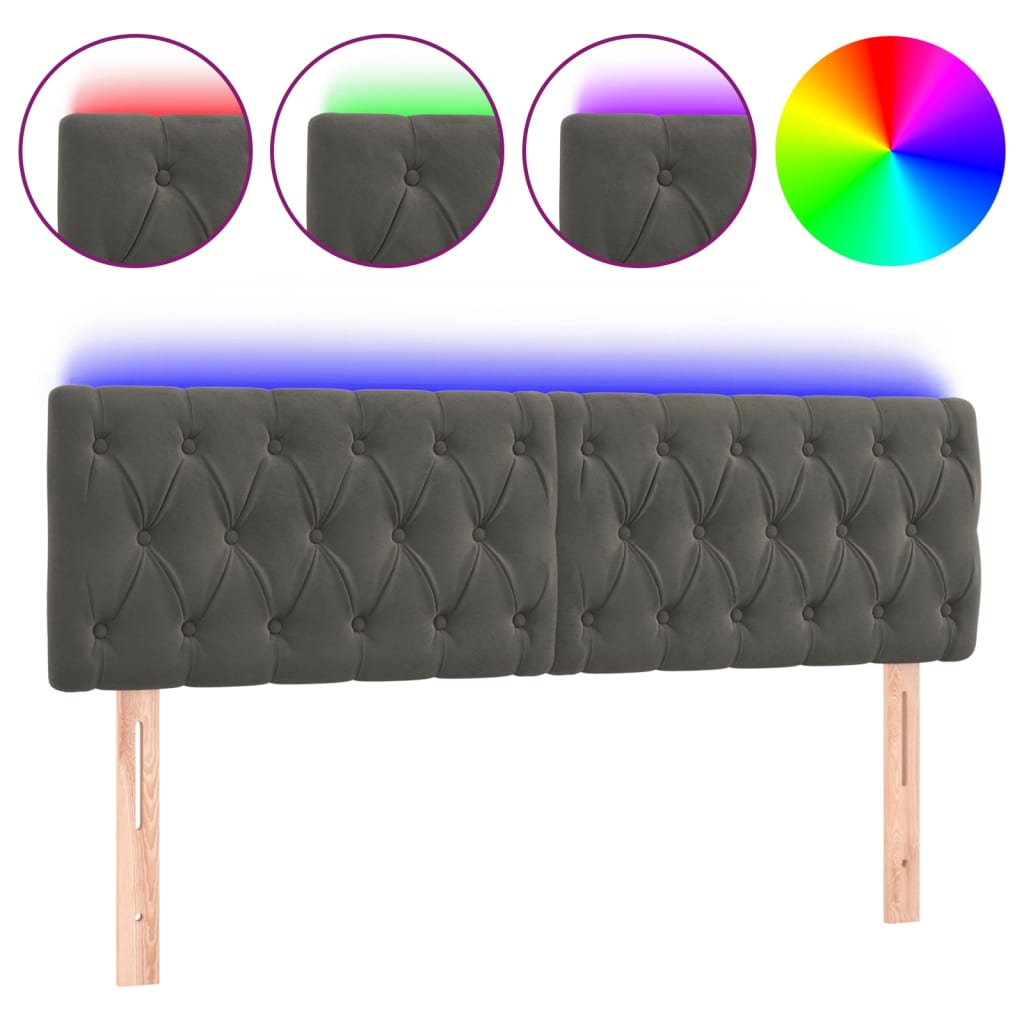 sengegavl med LED-lys 160x7x78/88 cm velour mørkegrå