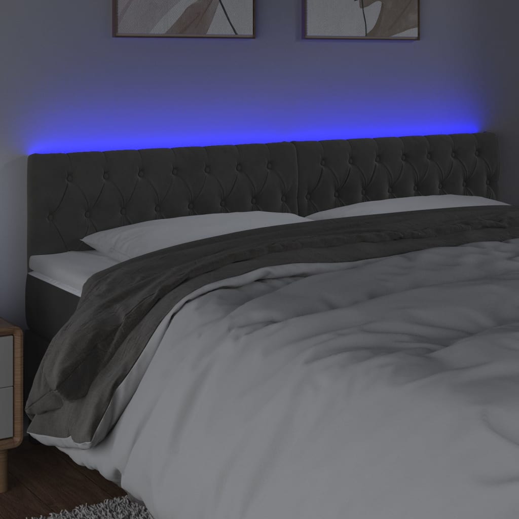 sengegavl med LED-lys 180x7x78/88 cm velour mørkegrå