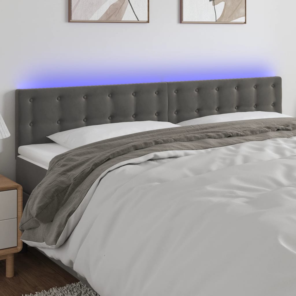 sengegavl med LED-lys 180x5x78/88 cm velour mørkegrå