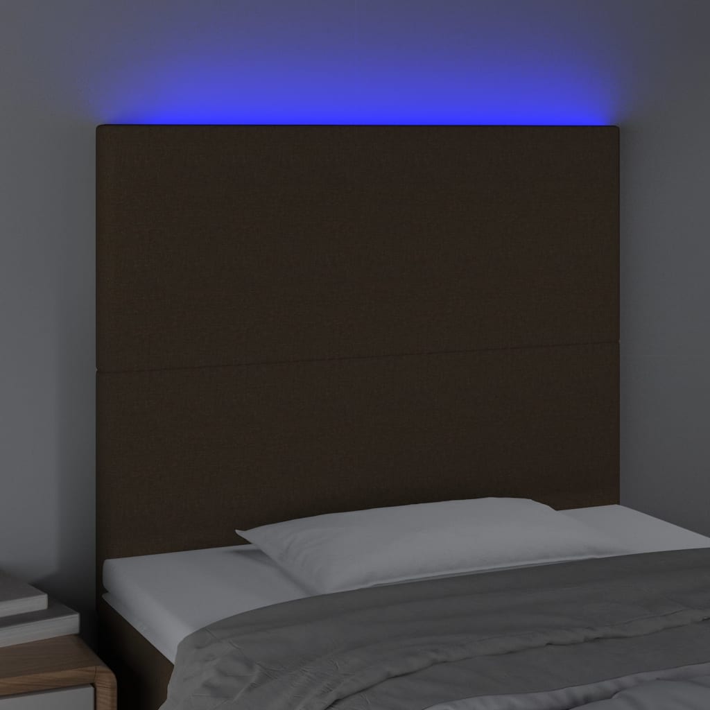 sengegavl med LED-lys 90x5x118/128 cm stof mørkebrun