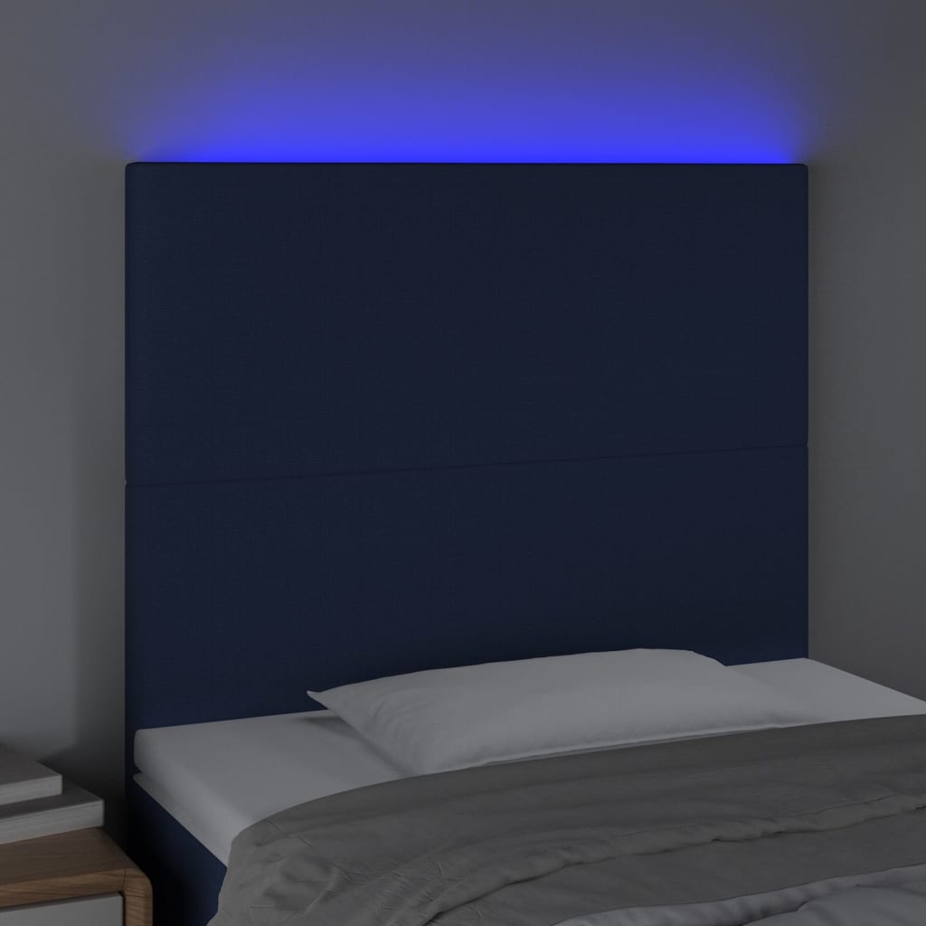 sengegavl med LED-lys 90x5x118/128 cm stof blå