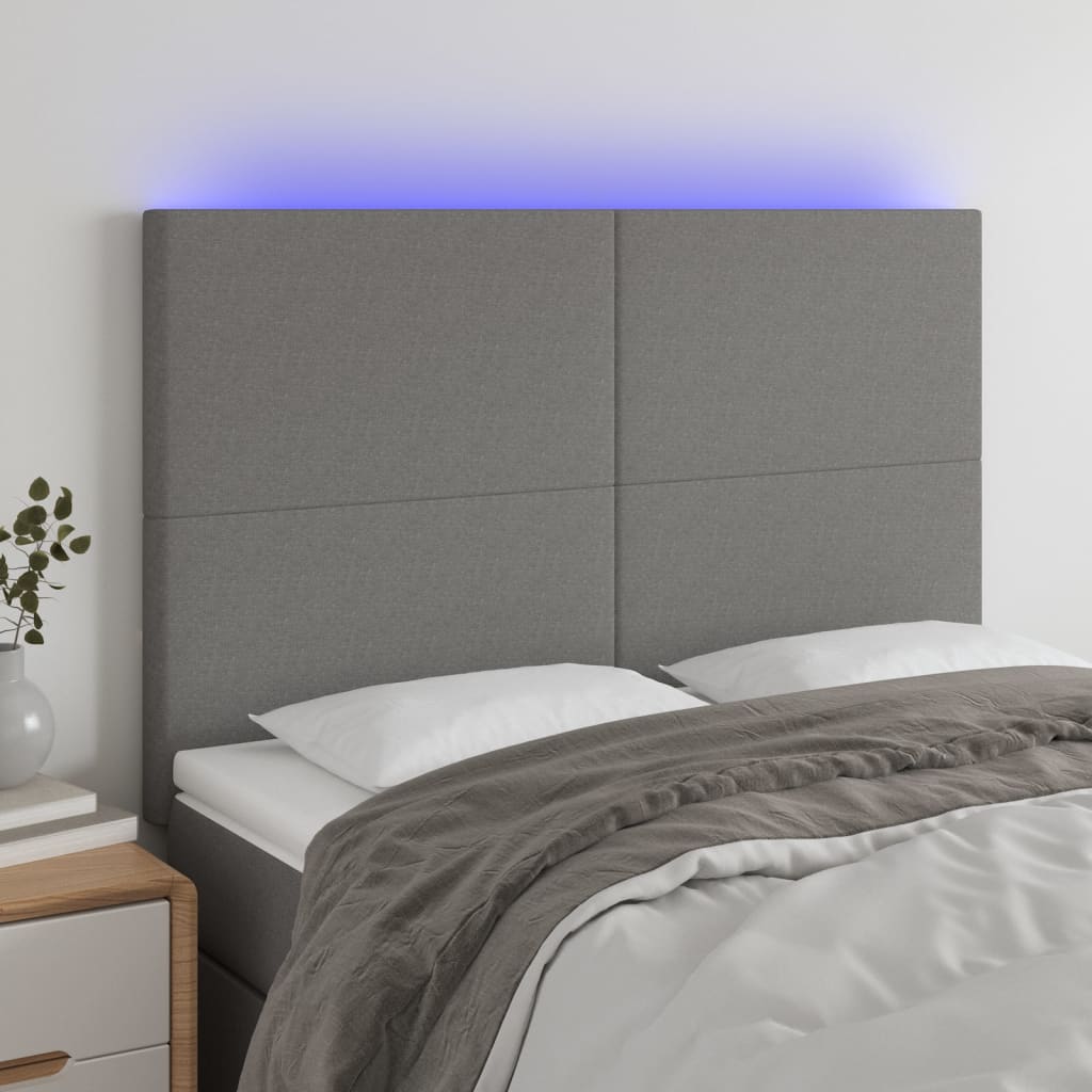 sengegavl med LED-lys 144x5x118/128 cm stof mørkegrå
