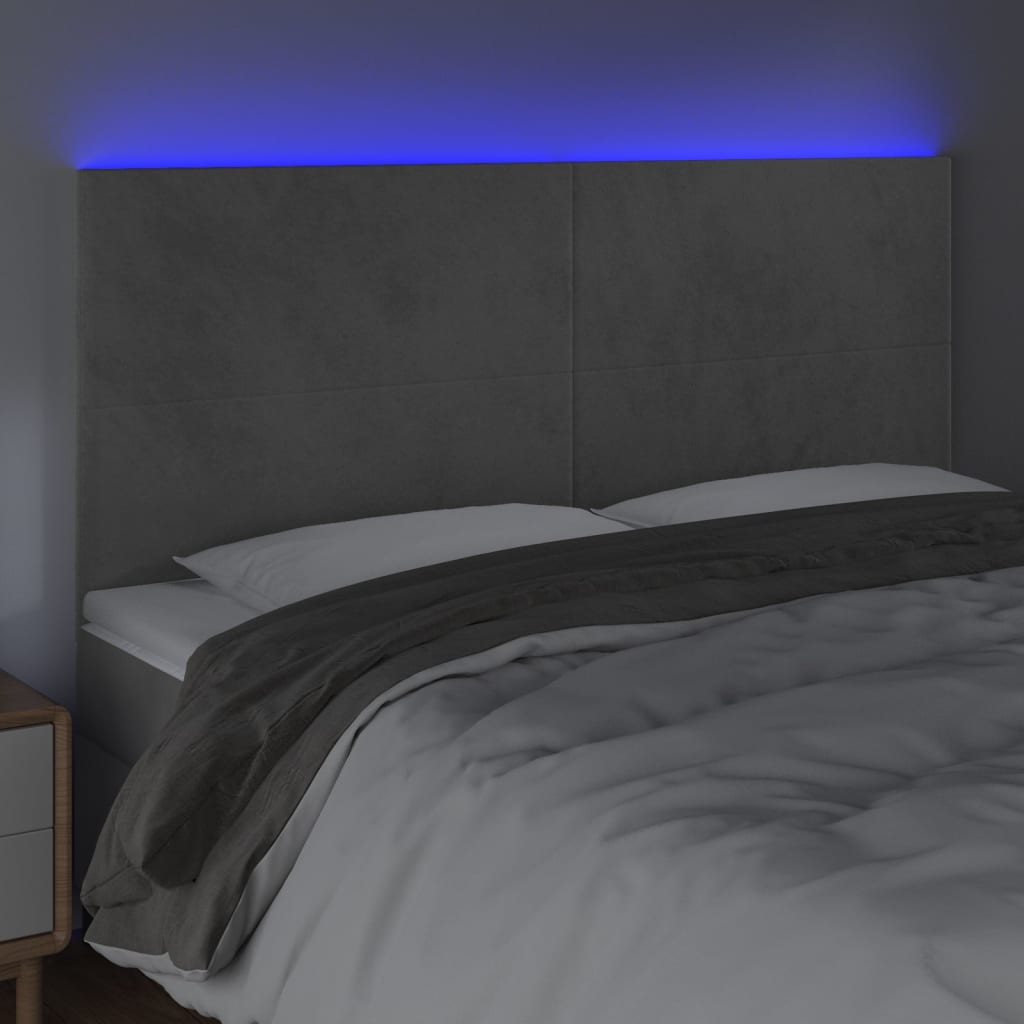 sengegavl med LED-lys 160x5x118/128 cm fløjl lysegrå