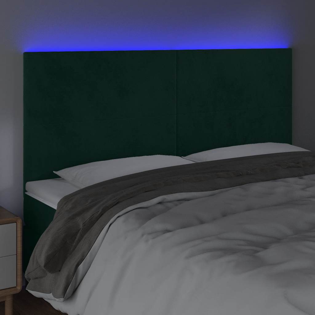 sengegavl med LED-lys 200x5x118/128 cm fløjl mørkegrøn