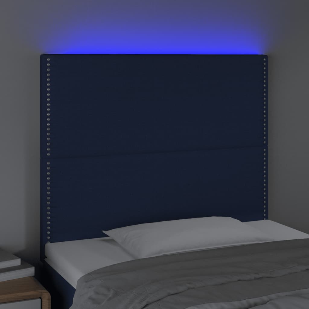 sengegavl med LED-lys 90x5x118/128 cm stof blå