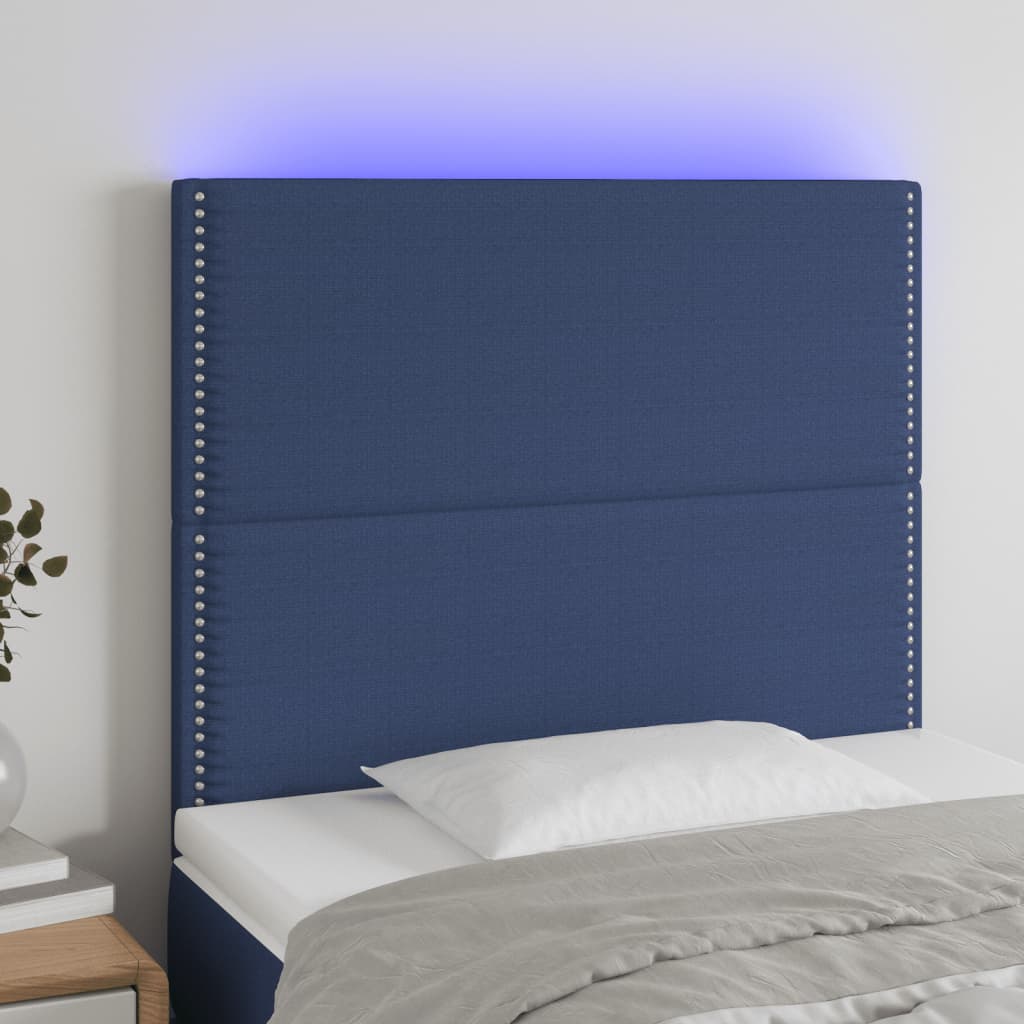 sengegavl med LED-lys 90x5x118/128 cm stof blå