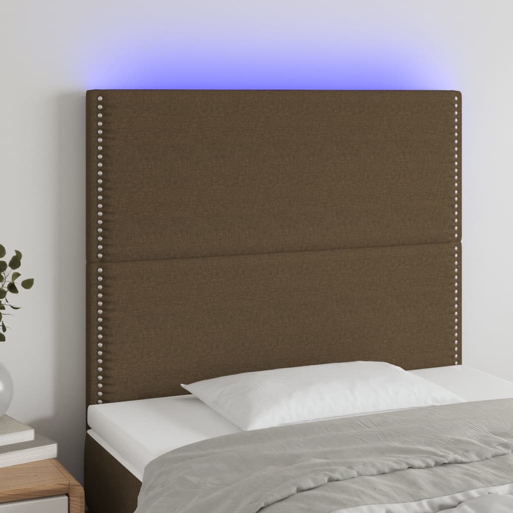 sengegavl med LED-lys 100x5x118/128 cm stof mørkebrun