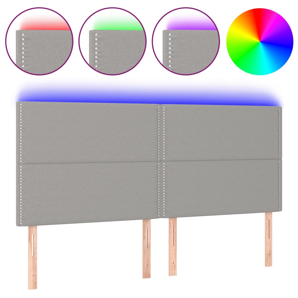 sengegavl med LED-lys 200x5x118/128 cm stof lysegrå