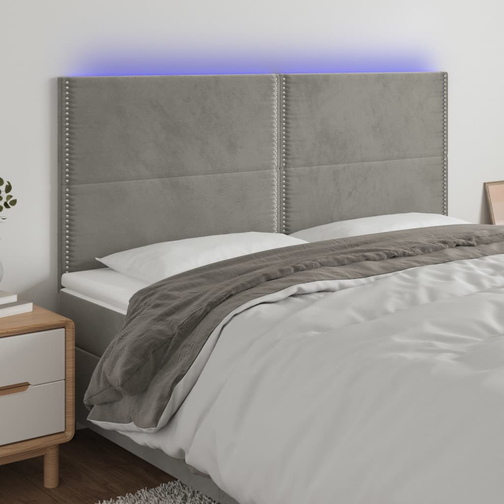 sengegavl med LED-lys 200x5x118/128 cm fløjl lysegrå