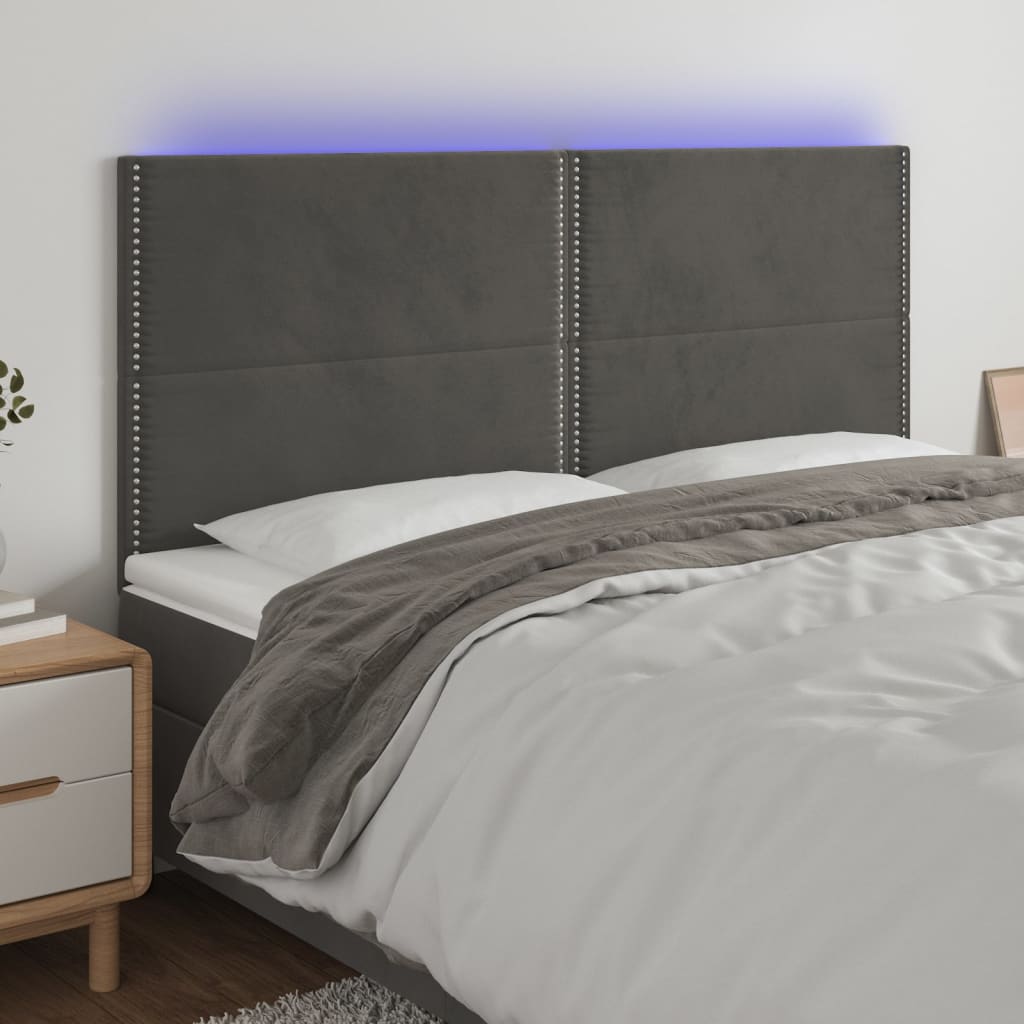 sengegavl med LED-lys 200x5x118/128 cm fløjl mørkegrå