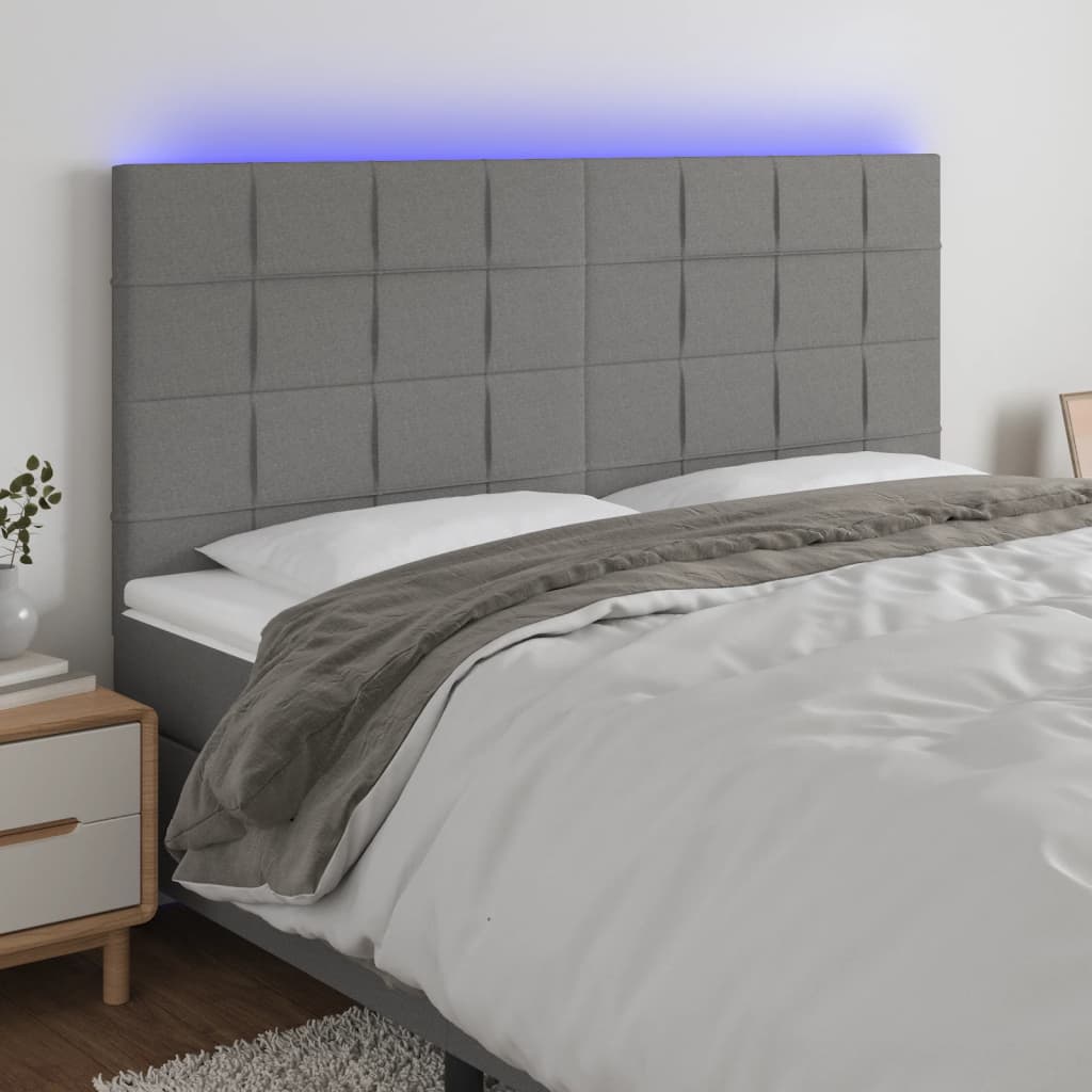 sengegavl med LED-lys 160x5x118/128 cm stof mørkegrå