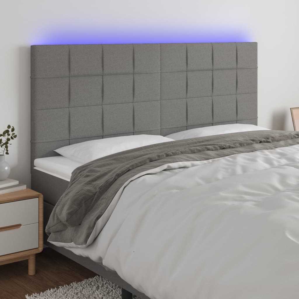 sengegavl med LED-lys 180x5x118/128 cm stof mørkegrå