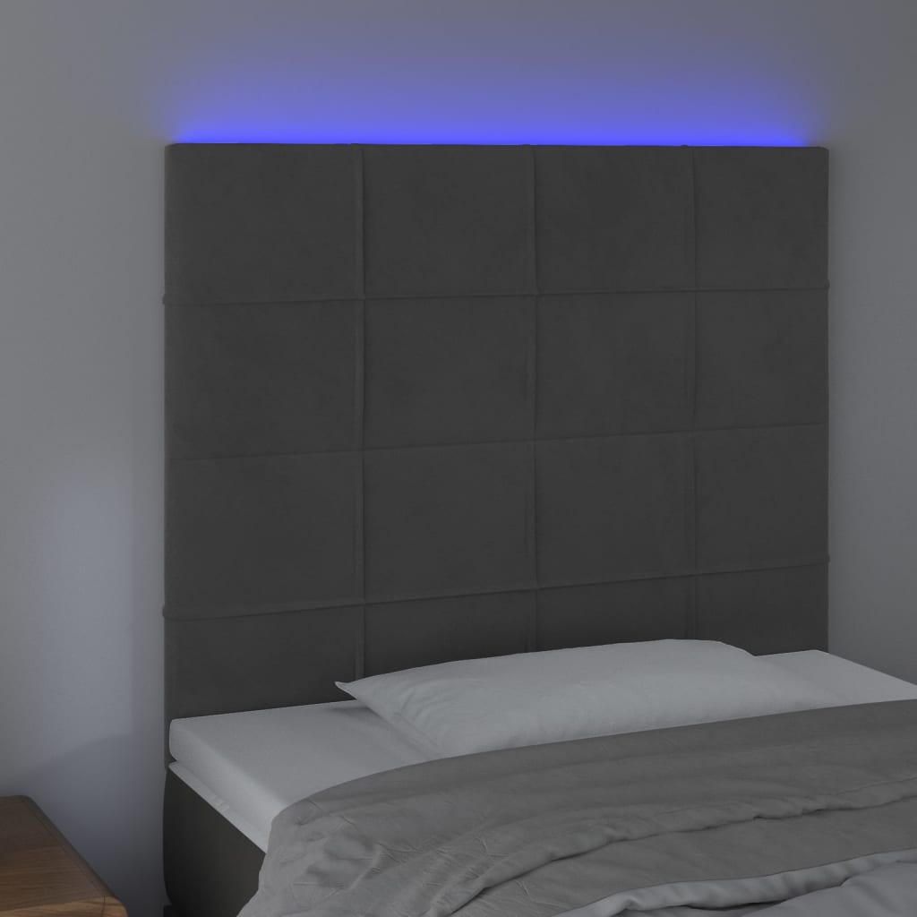 sengegavl med LED-lys 100x5x118/128 cm fløjl mørkegrå