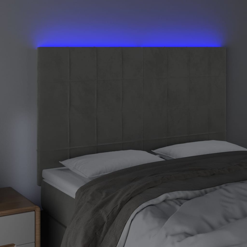 sengegavl med LED-lys 144x5x118/128 cm fløjl lysegrå