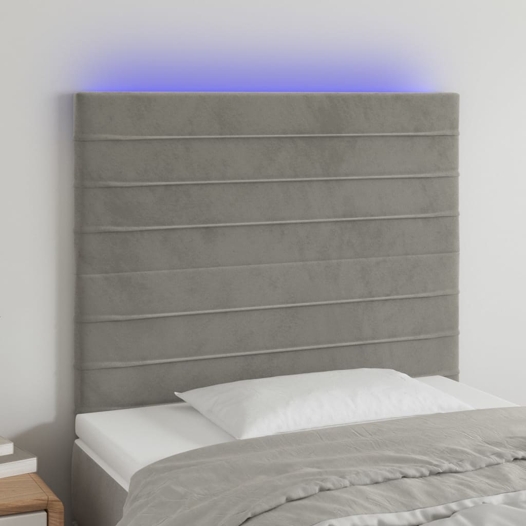 sengegavl med LED-lys 90x5x118/128 cm fløjl lysegrå