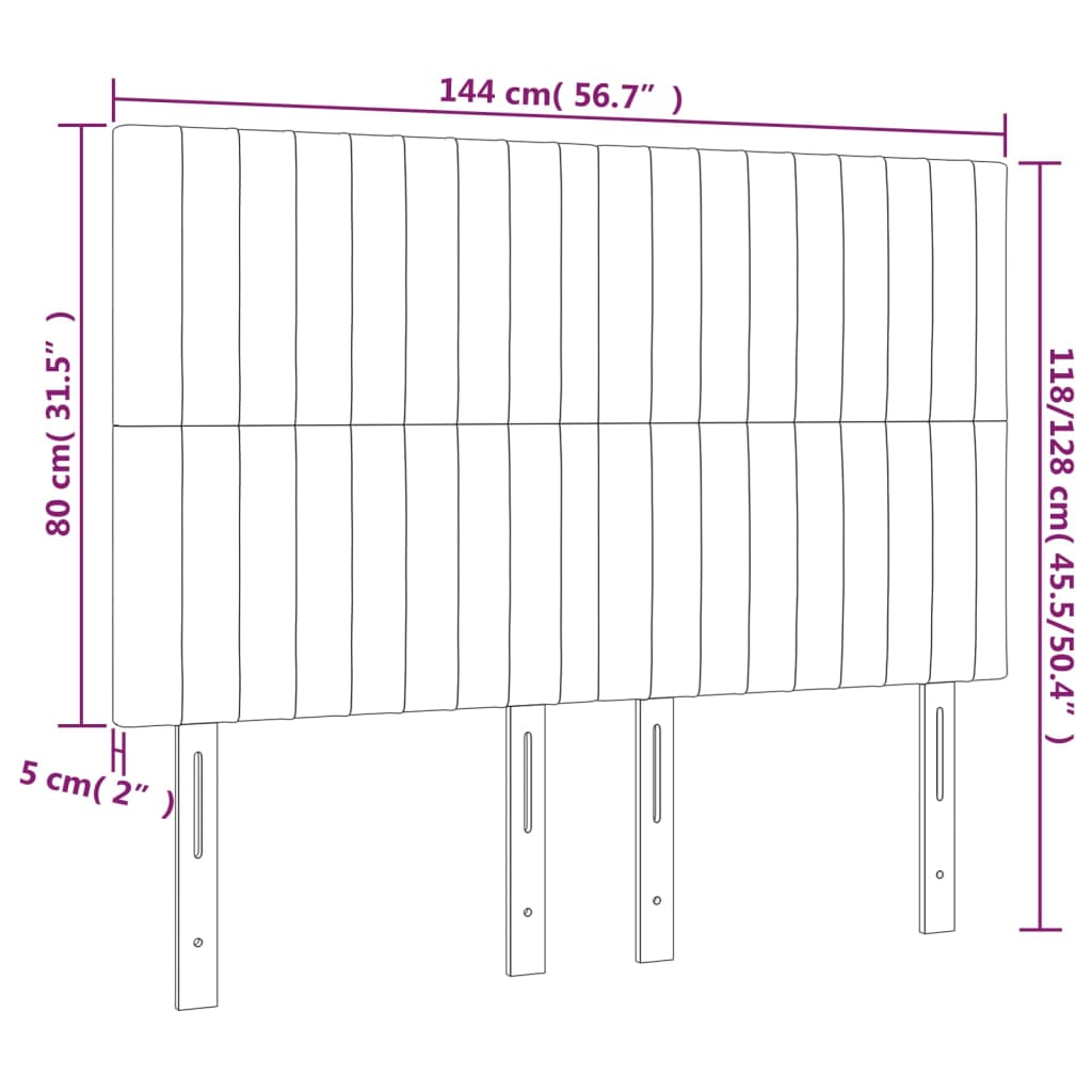 sengegavl med LED-lys 144x5x118/128 cm stof lysegrå