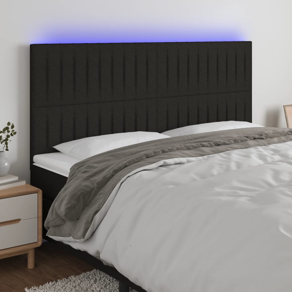 sengegavl med LED-lys 200x5x118/128 cm stof sort