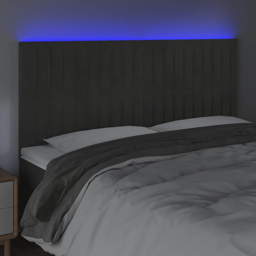 sengegavl med LED-lys 160x5x118/128 cm fløjl mørkegrå