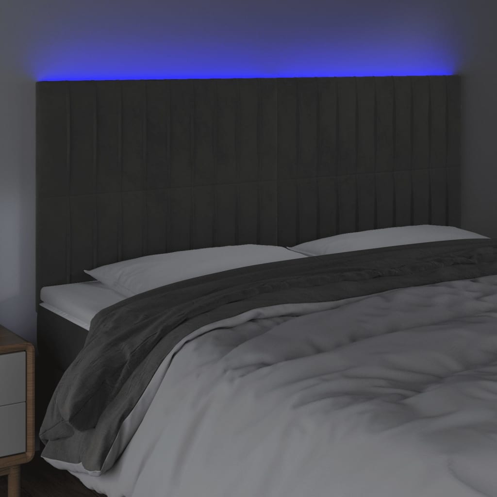 sengegavl med LED-lys 200x5x118/128 cm fløjl mørkegrå