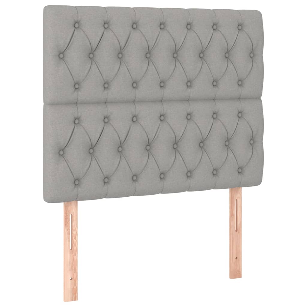 sengegavl med LED-lys 100x7x118/128 cm stof lysegrå
