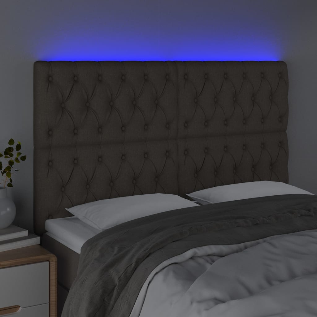 sengegavl med LED-lys 144x7x118/128 cm stof gråbrun