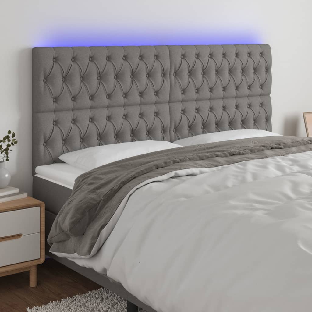 sengegavl med LED-lys 200x7x118/128 cm stof mørkegrå