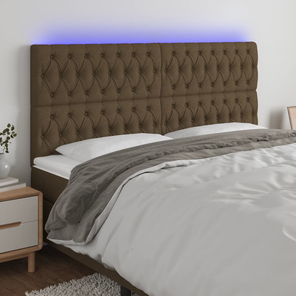 sengegavl med LED-lys 200x7x118/128 cm stof mørkebrun