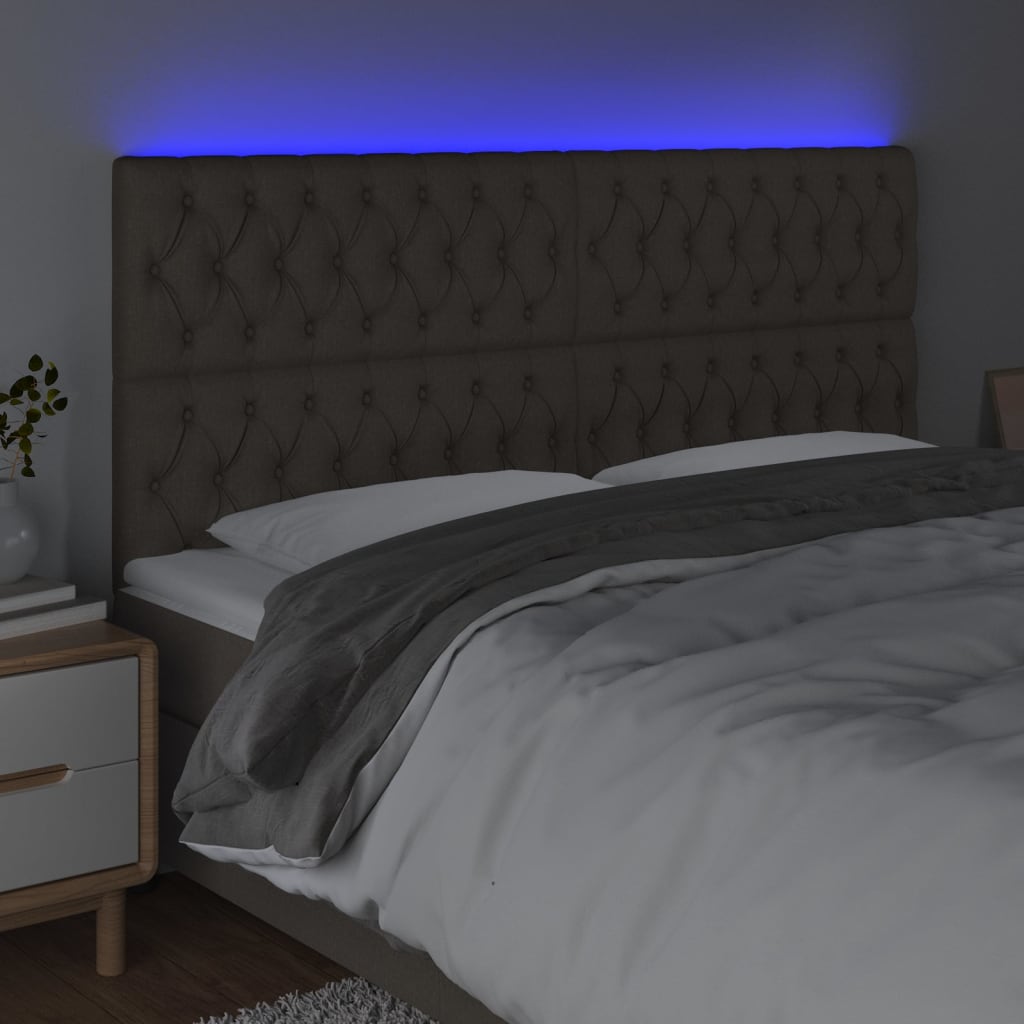 sengegavl med LED-lys 200x7x118/128 cm stof gråbrun