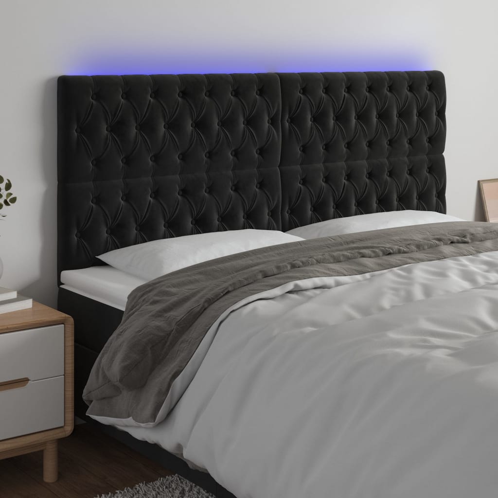 sengegavl med LED-lys 200x7x118/128 cm fløjl sort