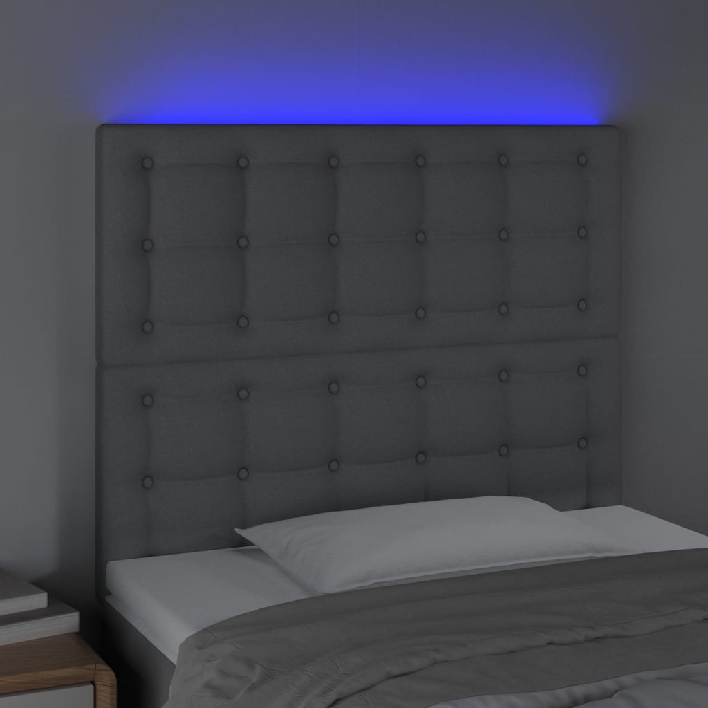 sengegavl med LED-lys 80x5x118/128 cm stof lysegrå