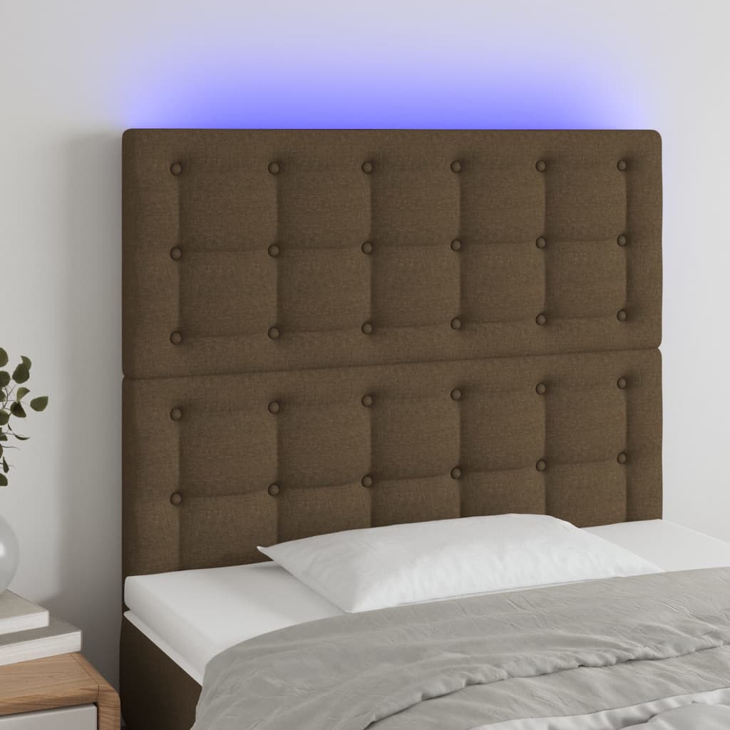 sengegavl med LED-lys 80x5x118/128 cm stof mørkebrun